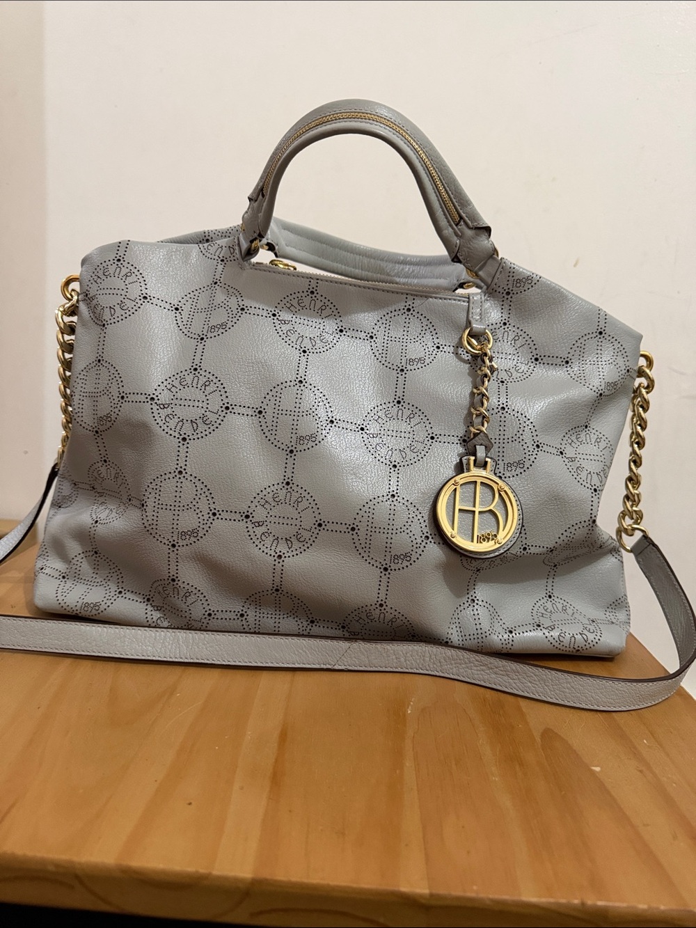henri bendel Light Gray Perforated Logo Satchel with Gold Charm